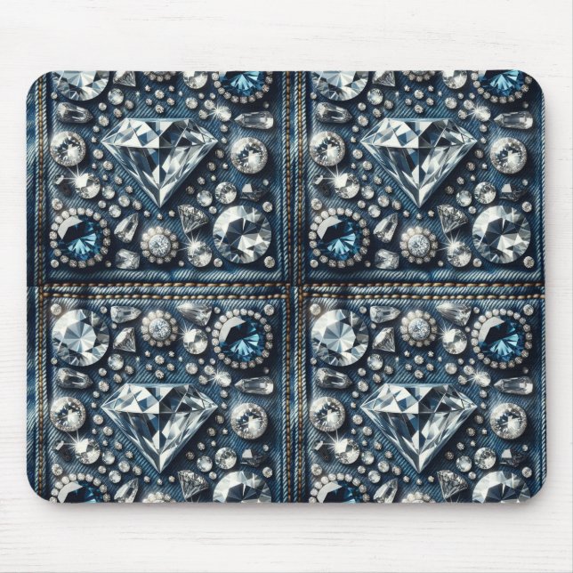 Denim & Diamonds Bling Gemstone Glam Jewels Mouse Mat (Front)