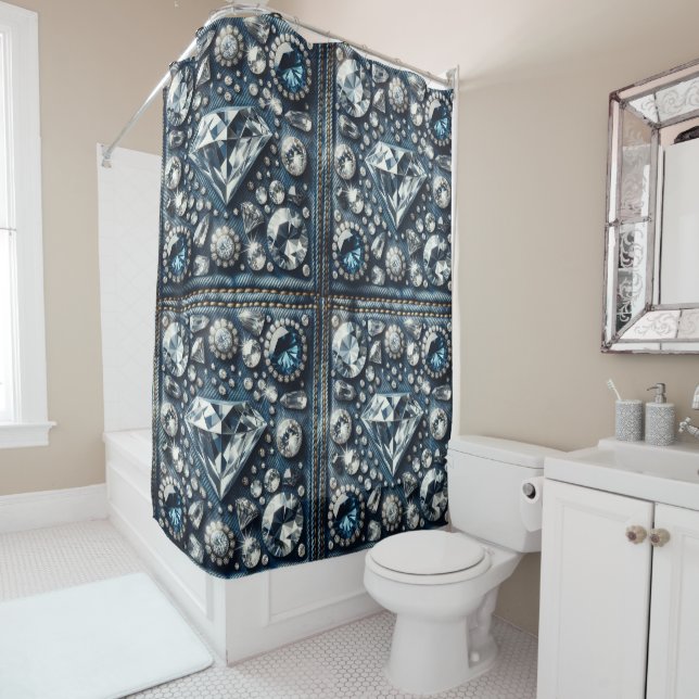 Denim & Diamonds Bling Gemstone Glam Jewels Shower Curtain (In Situ)