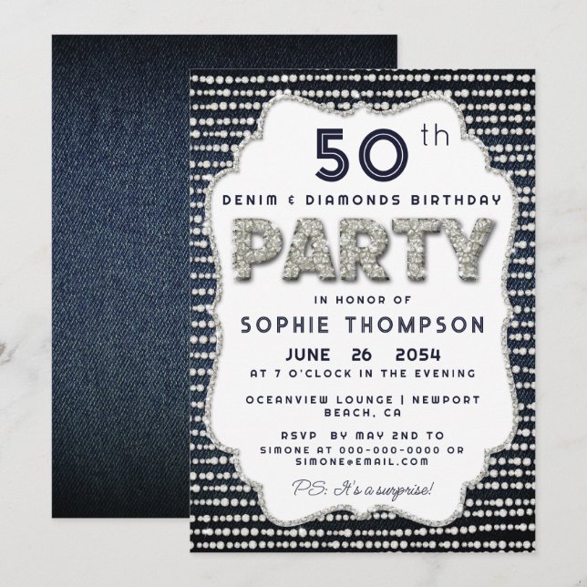 Denim Diamonds Bling Glitter Frame Birthday Party Invitation (Front/Back)