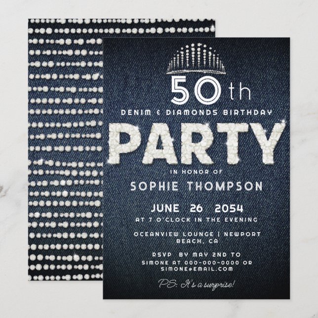 Denim Diamonds Bling Glitter Tiara Birthday Party Invitation (Front/Back)