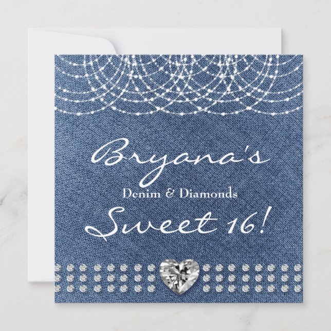 Denim & Diamonds Bling Heart Sweet 16 Party Invitation (Front)