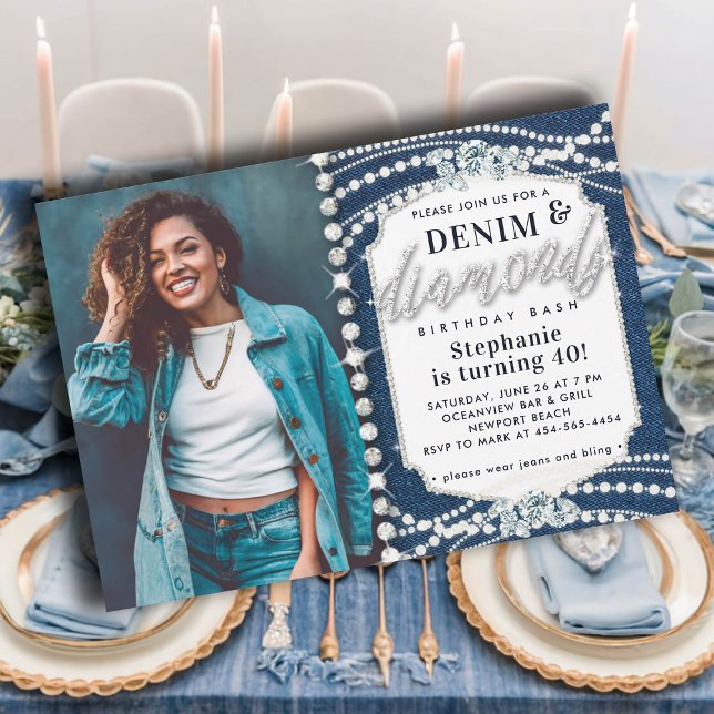 Denim Diamonds Bling Pearls Photo 40th Birthday Invitation (denim diamonds pearls 40th birthday invitation elegant classy bling glitz glam photo template modern)