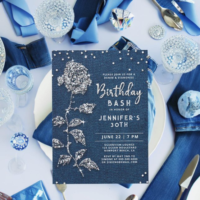 Denim Diamonds Bling Rose Blue Jeans 30th Birthday Invitation (denim and diamonds birthday invitation 30th women bling rose rhinestones glitter glitz glam chic)