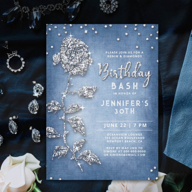 Denim Diamonds Bling Rose White Blue 30th Birthday Invitation (denim and diamonds birthday invitation 30th women bling rose rhinestones glitter glitz glam classy)