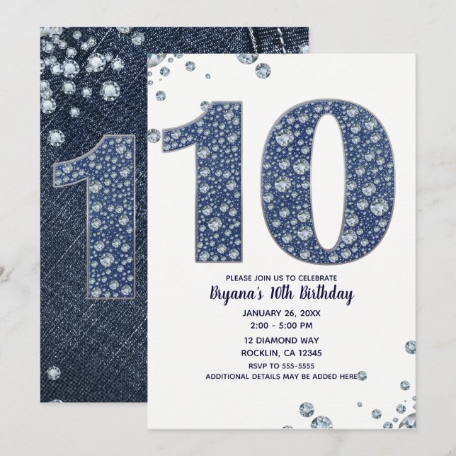 Denim & Diamonds Bling Sparkle 10th 10 Birthday Invitation (Front/Back)