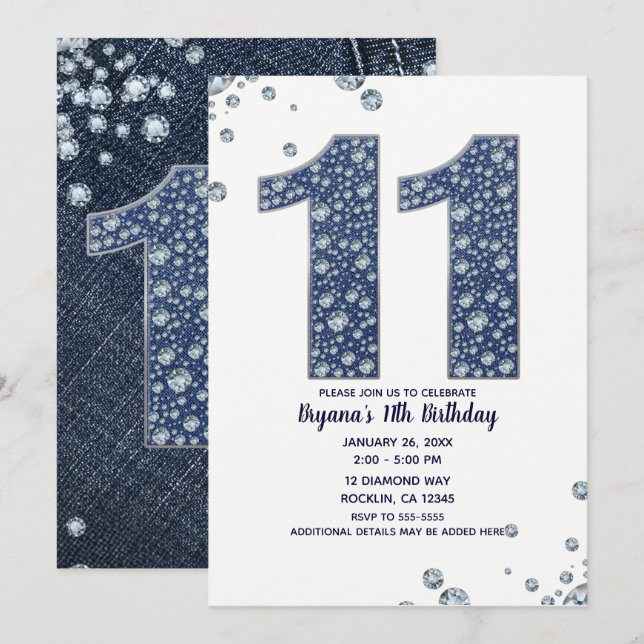 Denim & Diamonds Bling Sparkle 11th 11 Birthday Invitation (Front/Back)