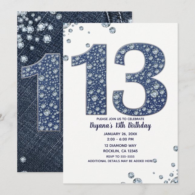 Denim & Diamonds Bling Sparkle 13th 13 Birthday Invitation (Front/Back)