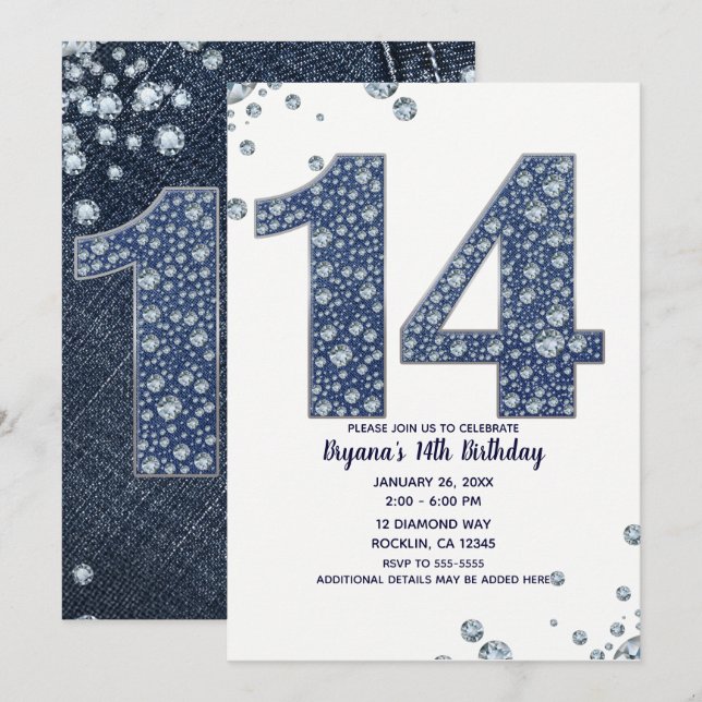 Denim & Diamonds Bling Sparkle 14th 14 Birthday Invitation (Front/Back)