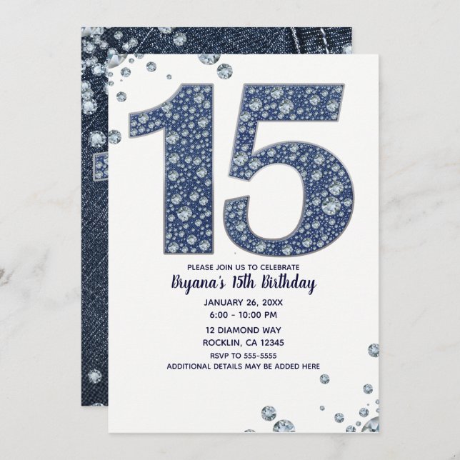 Denim & Diamonds Bling Sparkle 15TH 15 Birthday Invitation (Front/Back)