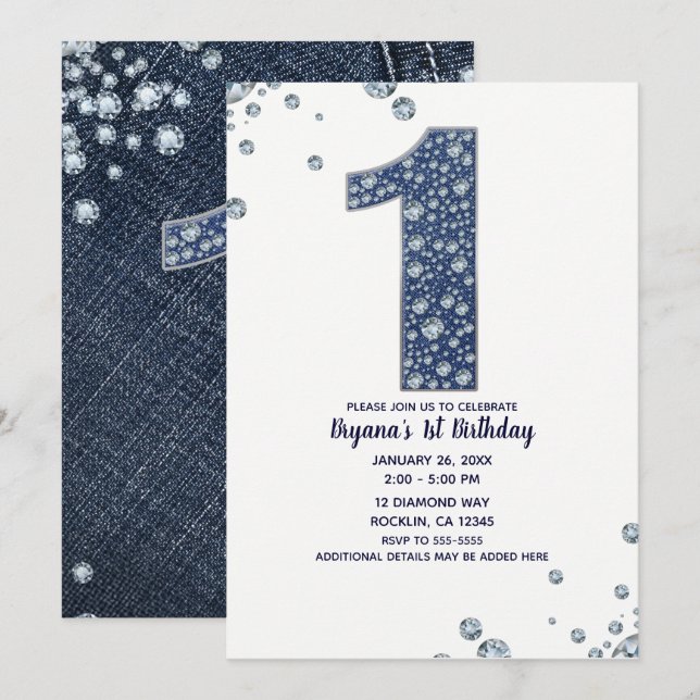 Denim & Diamonds Bling Sparkle 1ST Birthday 1 ONE Invitation (Front/Back)