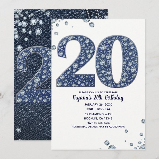 Denim & Diamonds Bling Sparkle 20TH 20 Birthday Invitation (Front/Back)