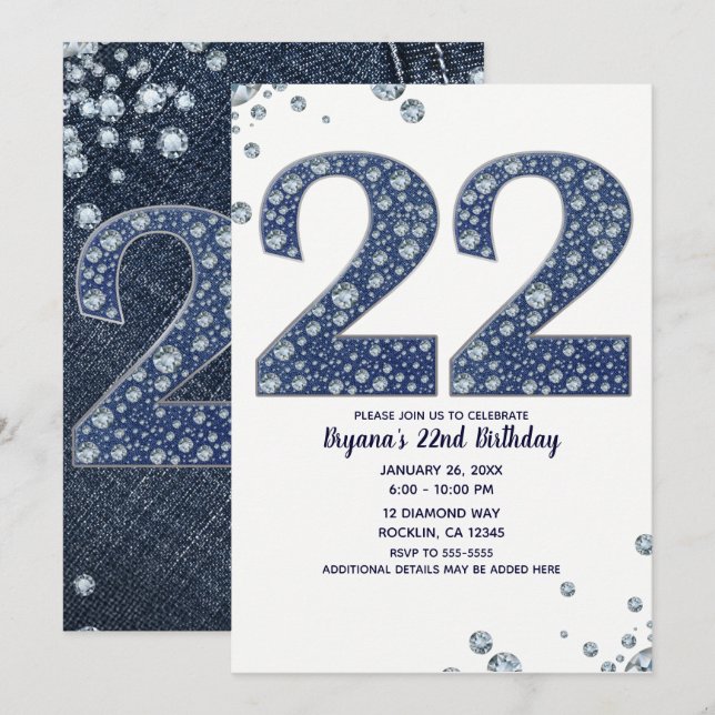 Denim & Diamonds Bling Sparkle 22 22nd Birthday Invitation (Front/Back)