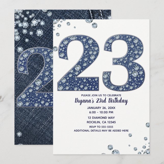 Denim & Diamonds Bling Sparkle 23 23rd Birthday Invitation (Front/Back)