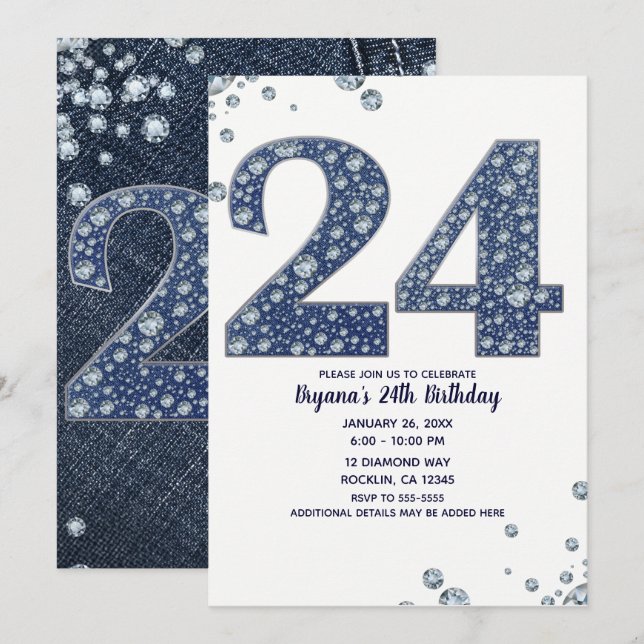 Denim & Diamonds Bling Sparkle 24 24th Birthday Invitation (Front/Back)