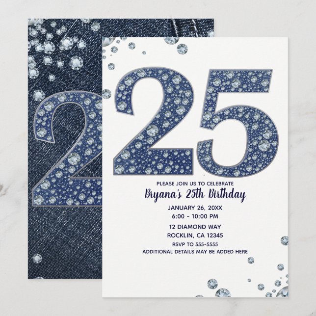 Denim & Diamonds Bling Sparkle 25 25th Birthday Invitation (Front/Back)