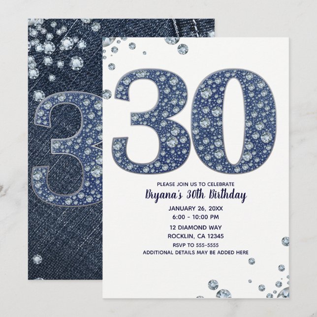 Denim & Diamonds Bling Sparkle 30TH 30 Birthday Invitation (Front/Back)