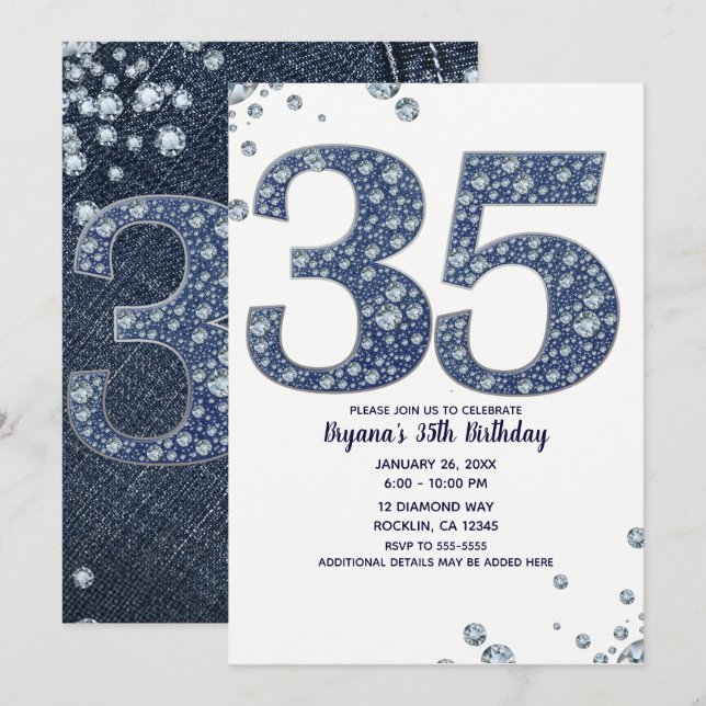 Denim & Diamonds Bling Sparkle 35TH 35 Birthday Invitation (Front/Back)
