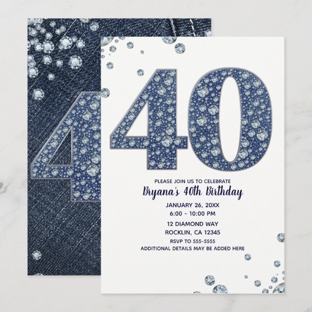 Denim & Diamonds Bling Sparkle 40TH 40 Birthday Invitation (Front/Back)