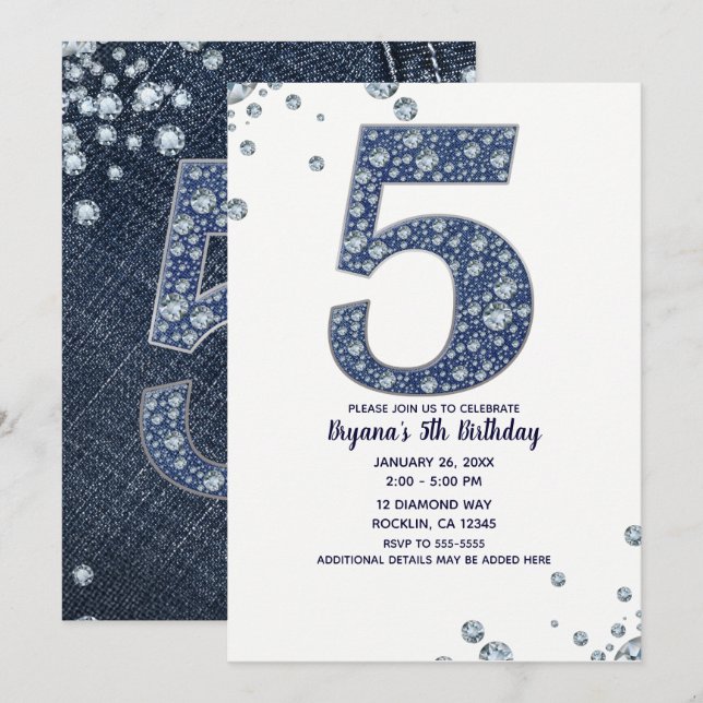 Denim & Diamonds Bling Sparkle 5th 5 Birthday Invitation (Front/Back)