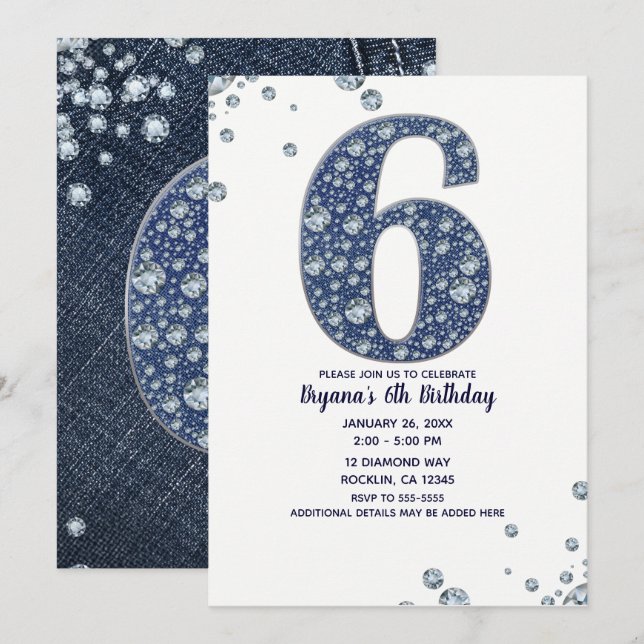 Denim & Diamonds Bling Sparkle 6th 6 Birthday Invitation (Front/Back)