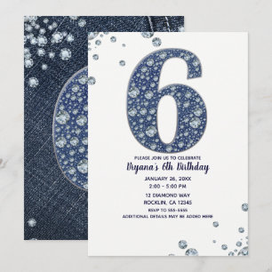 Denim & Diamonds Bling Sparkle 6th 6 Birthday Invitation