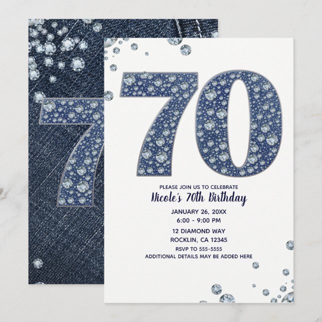 Denim & Diamonds Bling Sparkle 70TH 70 Birthday Invitation (Front/Back)