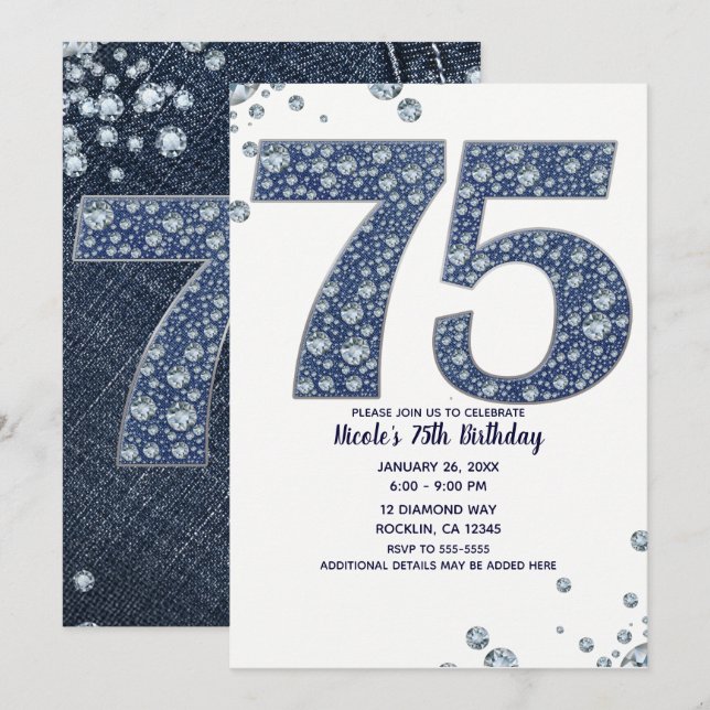 Denim & Diamonds Bling Sparkle 75TH 75 Birthday Invitation (Front/Back)