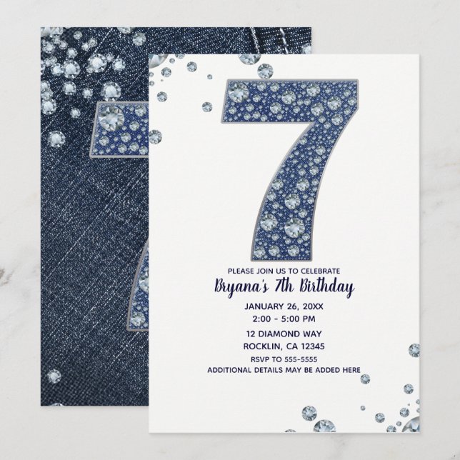 Denim & Diamonds Bling Sparkle 7th 7 Birthday Invitation (Front/Back)