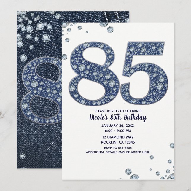 Denim & Diamonds Bling Sparkle 85TH 85 Birthday Invitation (Front/Back)