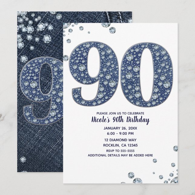 Denim & Diamonds Bling Sparkle 90TH 90 Birthday Invitation (Front/Back)