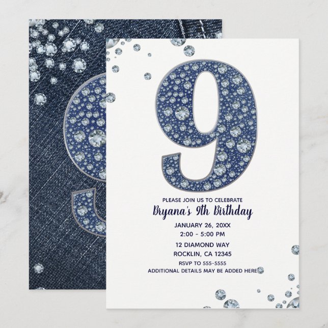 Denim & Diamonds Bling Sparkle 9th 9 Birthday Invitation (Front/Back)