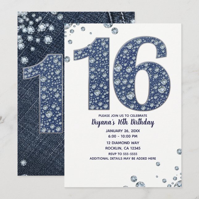 Denim & Diamonds Bling Sparkle Sweet 16 Birthday Invitation (Front/Back)
