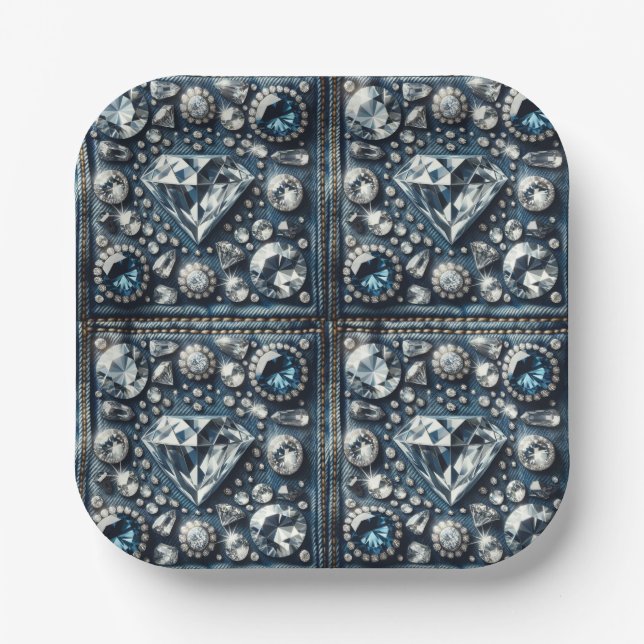 Denim & Diamonds Bling Sweet 16 Birthday Party Paper Plate (Front)