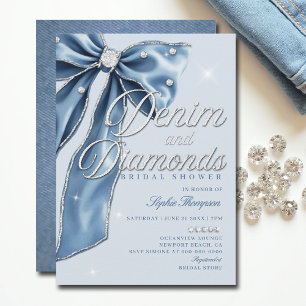 Denim Diamonds Blue Bow Script Chic Bridal Shower Invitation