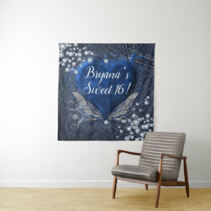 Denim Diamonds Blue Heart Birthday Party Backdrop Tapestry
