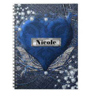Denim & Diamonds Blue Heart Custom Personalised Notebook