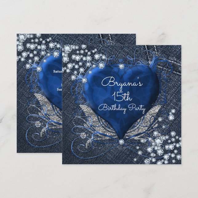 Denim & Diamonds Blue Heart Party Invitations (Front/Back)