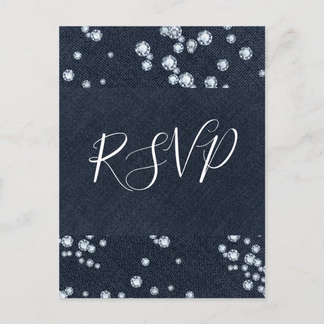 Denim & Diamonds Blue Jeans Bling Glam RSVP Invitation Postcard (Front)