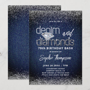 Denim Diamonds Blue White Elegant 70th Birthday Invitation