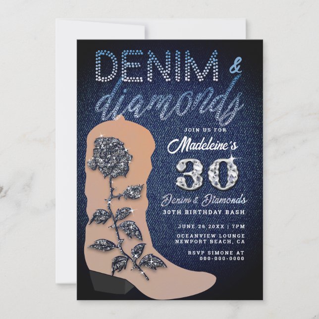 Denim Diamonds Boot Rose Rustic 30 Birthday Party Invitation (Front)