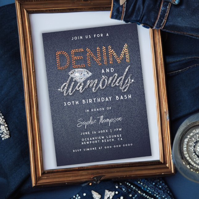 Denim Diamonds Brass Rhinestones Birthday Party Invitation (Elegant Denim and Diamonds 30th Birthday Party Invitation Simple Modern Classy)