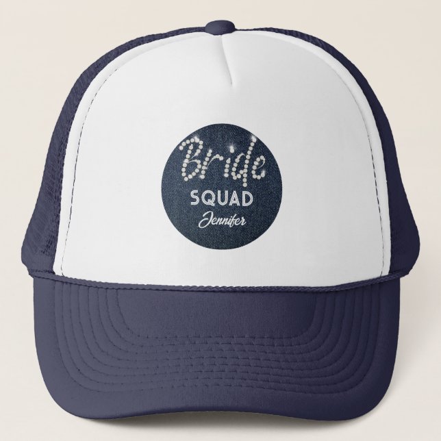 Denim Diamonds Bride Squad Navy Bachelorette Name Trucker Hat (Front)