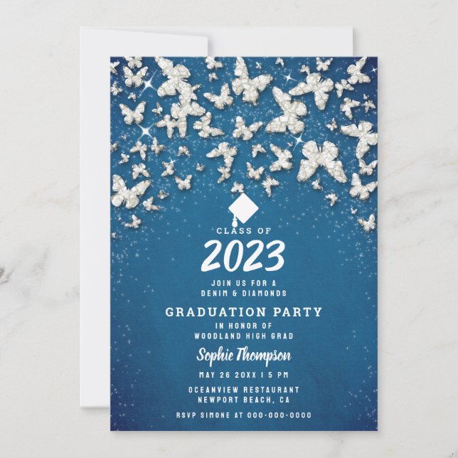 Denim Diamonds Butterflies Blue Graduation Party Invitation (Front)