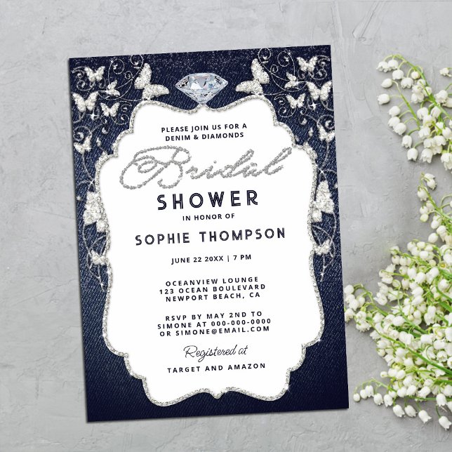 Denim Diamonds Butterfly Frame Bling Bridal Shower Invitation (Creator Uploaded)
