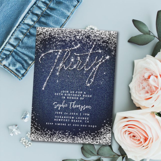 Denim Diamonds Calligraphy 30th Birthday Party Invitation (denim and diamonds 30th birthday party invitation blue jeans white glitter bling rhinestones glam)