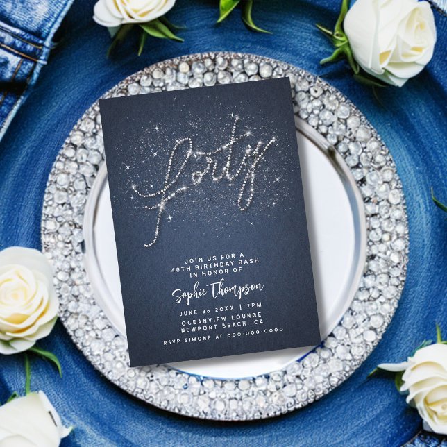 Denim Diamonds Calligraphy 40th Birthday Party Invitation (denim and diamonds calligraphy 40th birthday party invitation classy glam bling glamour rhinestones )