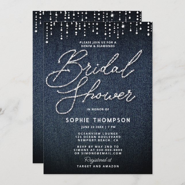 Denim Diamonds Calligraphy Elegant Bridal Shower Invitation (Front/Back)