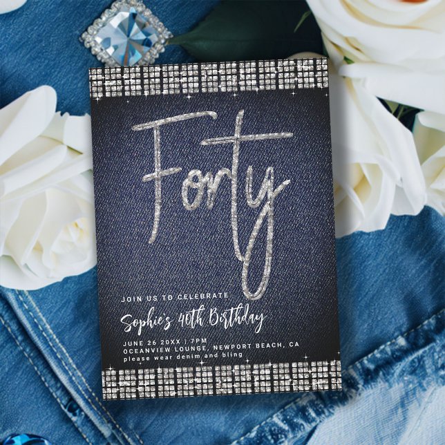 Denim Diamonds Classy Bling 40th Birthday Party Invitation (denim and diamonds 40th birthday invitation classy modern elegant rhinestones calligraphy blue jeans)