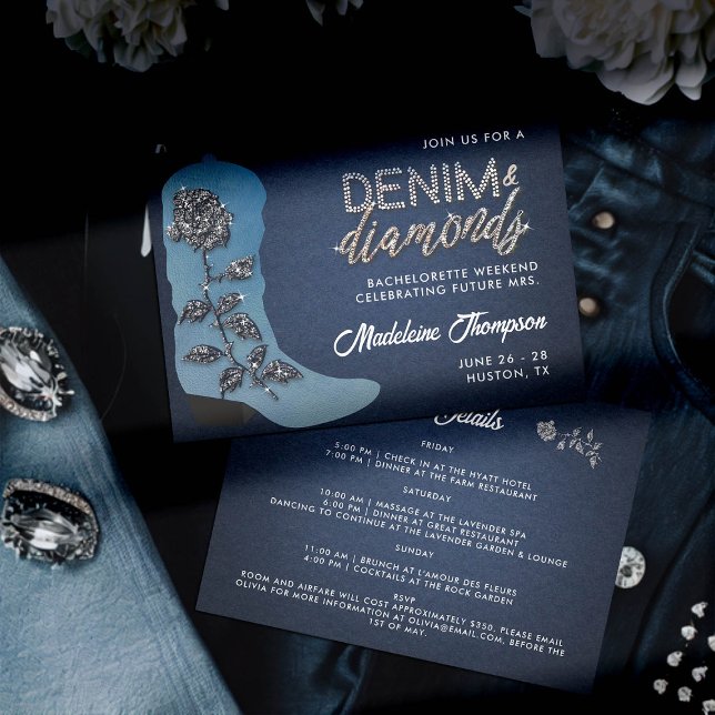 Denim Diamonds Cowgirl Boot Bachelorette Itinerary Invitation (denim and diamonds bachelorette weekend itinerary cowgirl blue jeans boot bling rose glitz glam chic)