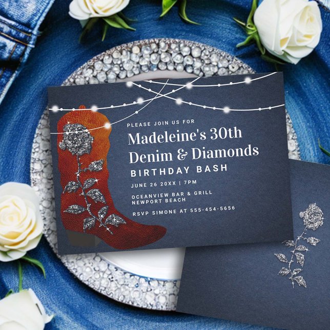 Denim Diamonds Cowgirl Boot Glam 30th Birthday Invitation (denim and diamonds 30th birthday invitation women elegant classy bling rustic lights cowgirl boot )